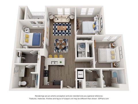 a 3 bedroom floor plan with a bathroom and a living room